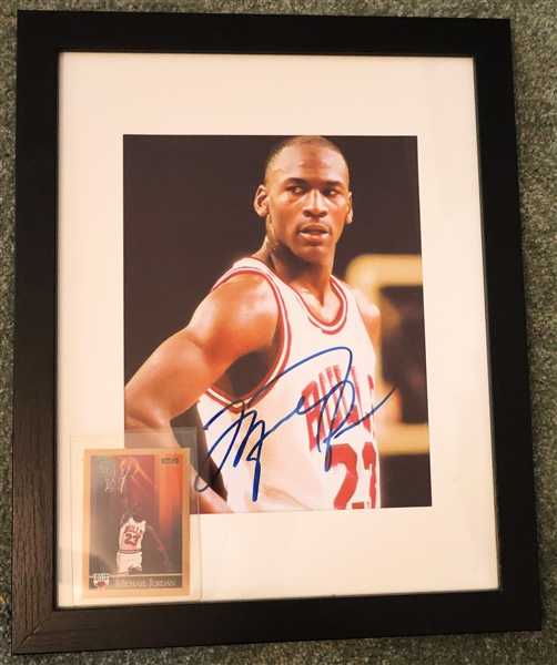 Autographed Michael Jordan Photograph and Michael Jordan Basketball Card - 8" by 10" Photograph - Framed and Matted 