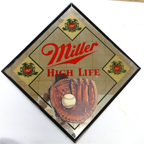 Miller High Life Mirrored Sign With Baseball and Glove - Measures 13 1/4" by 13 1/4"