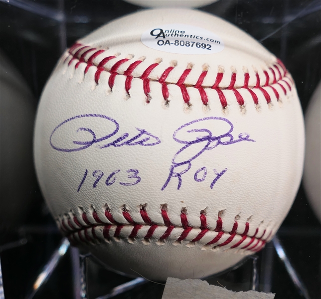 Autographed Pete Rose 1963 ROY (Rookie of the Year) Baseball in Case -Online Authentic Authentication Sticker - Number OA-8087692