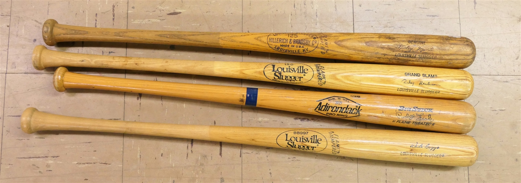 4 Wood Baseball Bats - 2 - Louisville Slugger - Wade Boggs & Ricky Henderson, Hillelrich & Bradsby Mickey Mantle, and Adirondak -" Big Stick"  Pudge Fisk