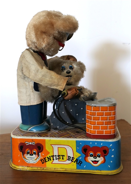 Dentist Bear - Tin Litho Battery Operated Mechanical Bear Toy - Battery Compartment is Clean - Measures 9" Tall - Bear Has Crack in His Hand