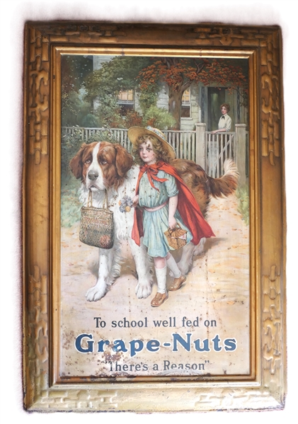 Antique Grape Nuts Sign - "To School Well Fed On Grape Nuts" "Theres A Reason" - Self Framed Tin Sign with Girl and Dog - Measures 30" by 20 1/2" - Some Minor Rusted Areas on Frame and Sign 