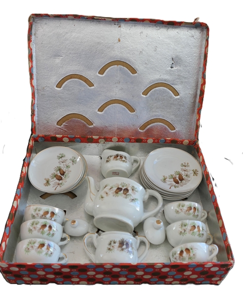 Japanese Childs Tea Set with Pinecone Motif - Plates, Cups, Saucers, & Tea Pot - All In Original Box - One Plate is Broken -  Tea Pot Measures 3" tall 