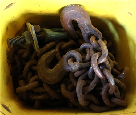 Bucket of Chain with Hooks and Fasteners