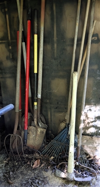 Lot of Garden Tools - Garden Rake, Maddock, 2 Yard Rakes, Pitch Fork, Shovels, 