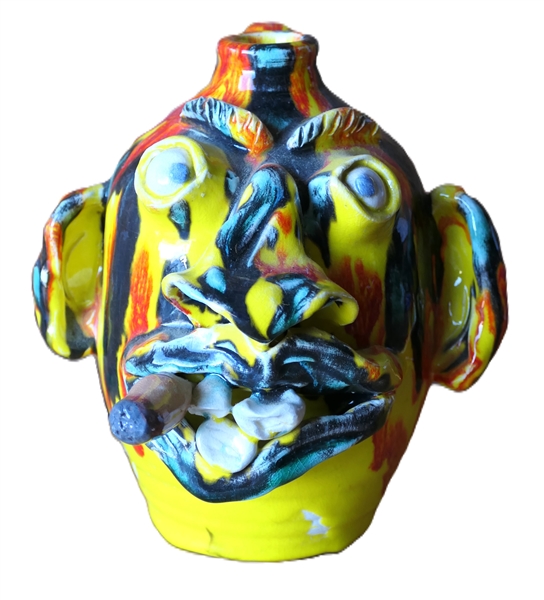 T. Lower, VA Art Pottery Face Jug with Yellow, Orange, and Green Glaze - Smoking a Cigar - Measures 6" tall - Dated 05