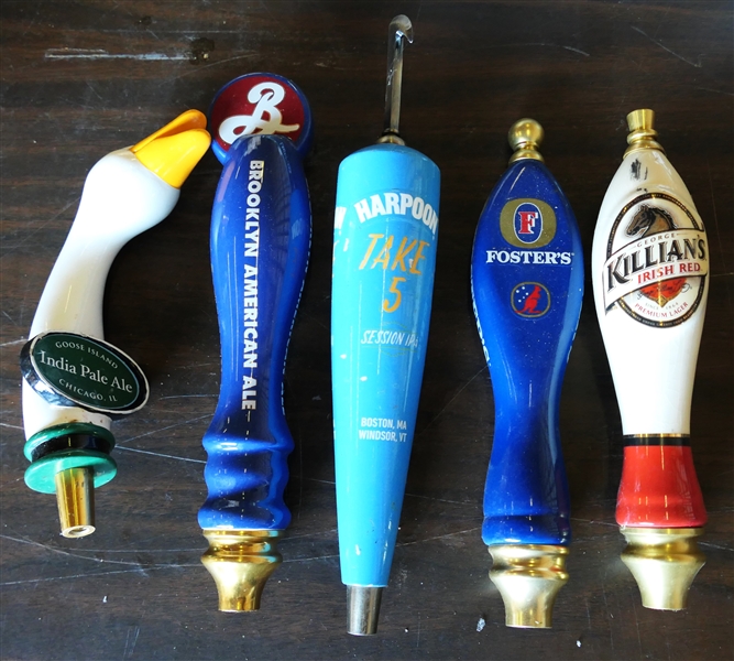 5 Beer Taps - Goose Island IPA, Brooklyn American Ale, Harpoon Take 5, Fosters, and Killans Irish Red