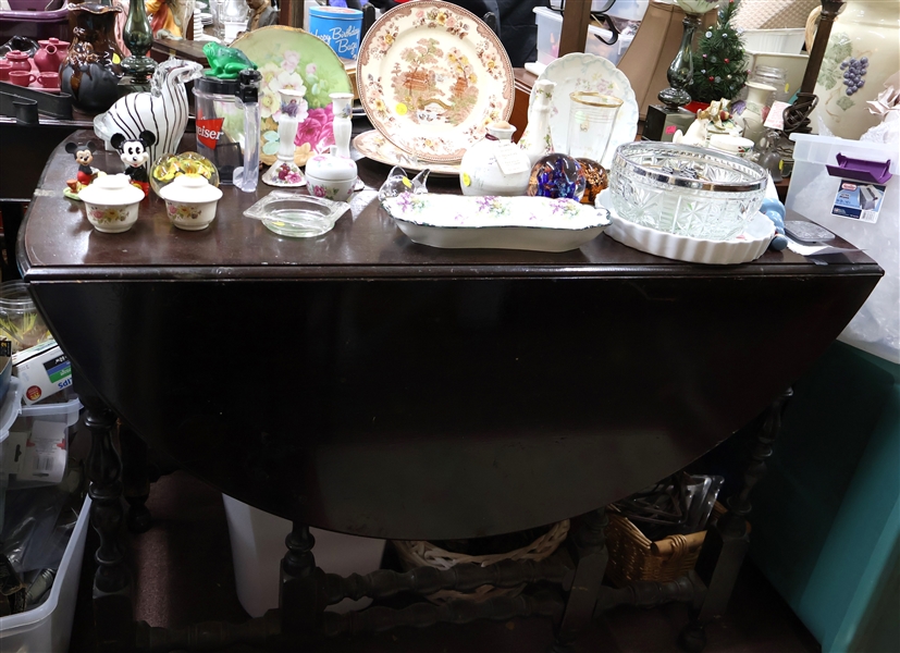 Gate Leg Table and Assorted China and Glassware