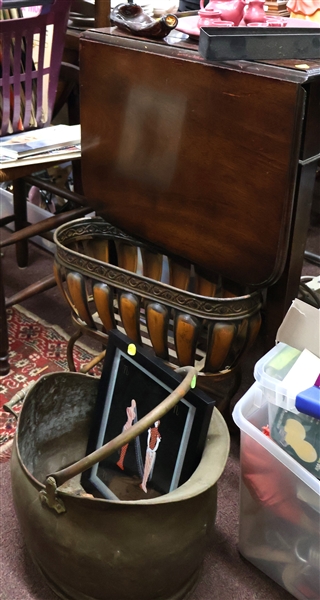 Drop Leaf Table, Planter, Brass Coal Skuttle