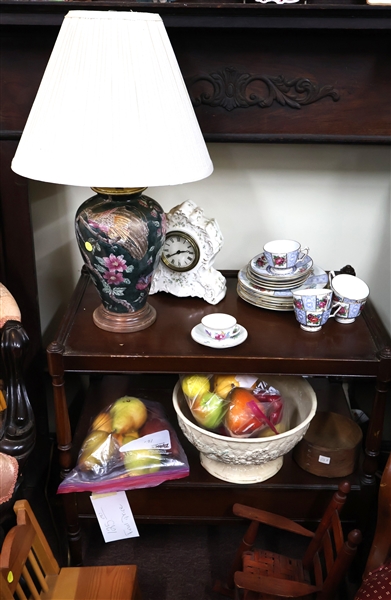 Decorator Lamps, Cup & Saucers, China Clock, Faux Fruit, End Table