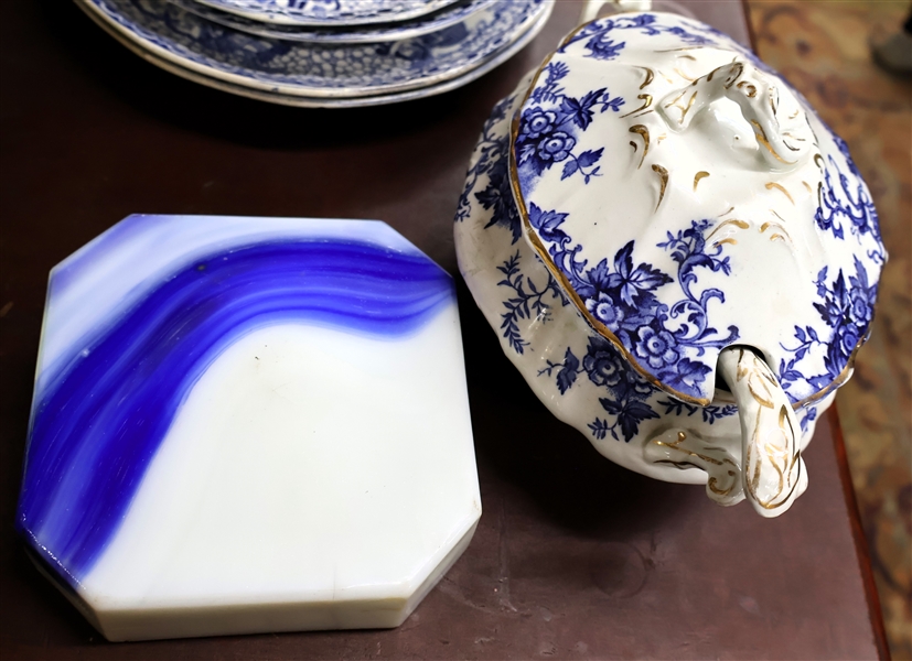 Blue and White Tureen and Acro Agate Glass