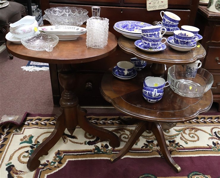 Occasional Tables, Blue Willow China, and Glassware