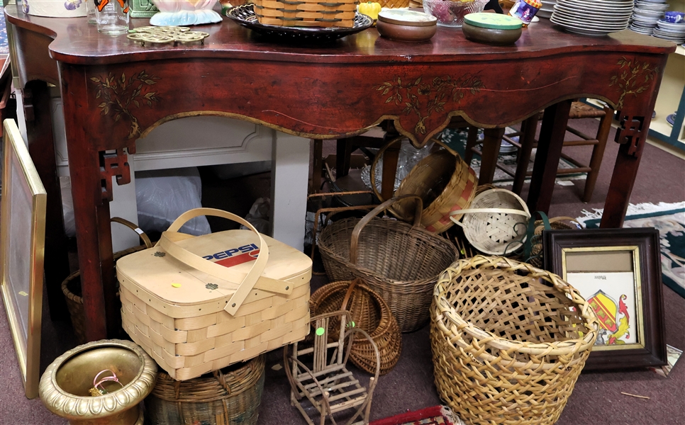 Hand Painted Chinoiserie Sofa Table, Many Baskets