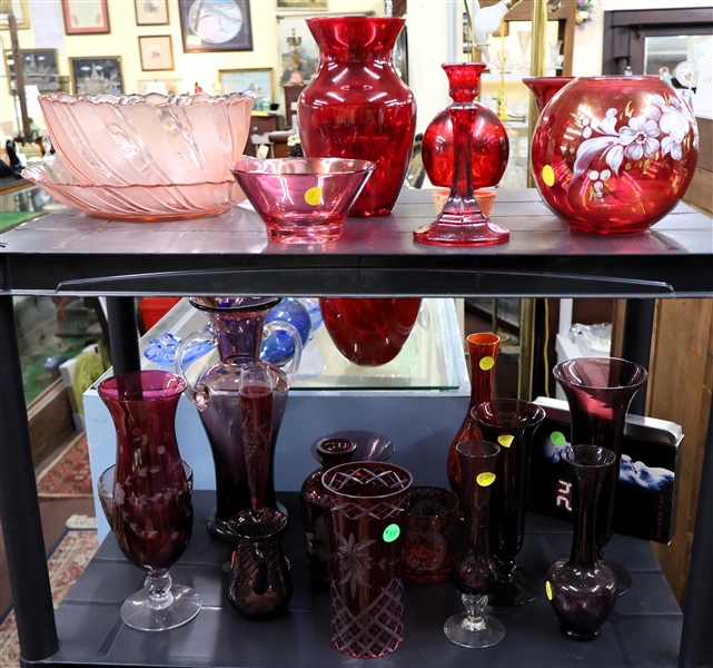 Handpainted Cranberry Rose Bowl, Ruby Red Glass, Elegant Etched Glass