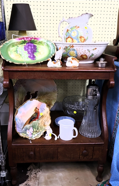 End Table with Drawer, Hand Painted China, Bowl and Pitcher