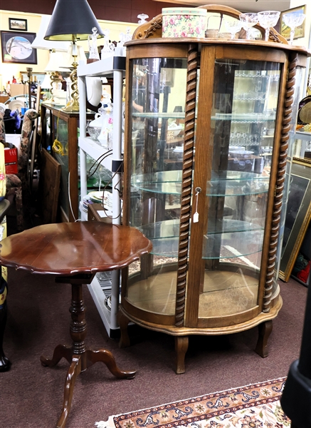 Beautiful Round Oak China Cabinet with Twister Pilasters Tea Table with Scalloped Edges