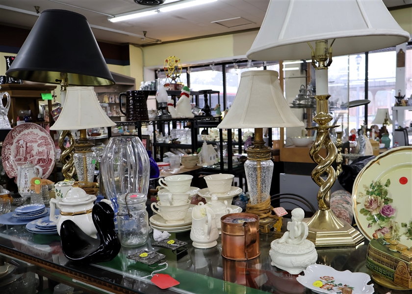 Brass Lamps, Glass Lamps, Etc. 