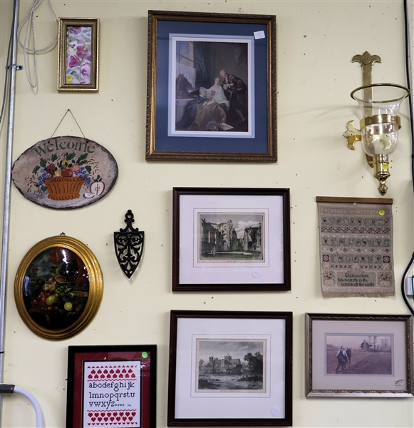 Framed Prints and Samplers, Brass and Glass Wall Sconce