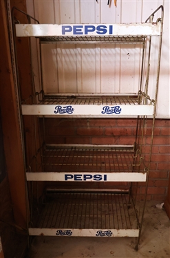 Double Sided Metal Pepsi Cola Rack - 4 Shelves with Metal Signs on Each Shelf - Measures 51" Tall 26" by 18" 