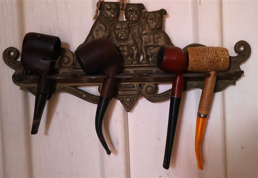 Brass Bull Dog Wall Hanging Pipe Holder with 4 Pipes - Pipes include Herschel & Bendheim Corn Cob Pipe and Willard Briar 