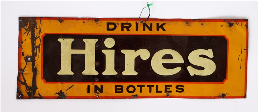 "Drink Hires in Bottles" Hires Root Beer Embossed Tin Sign - Measures 4 3/4" by 13 3/4"