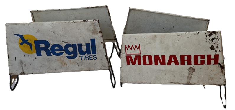 Regul Tires and Monarch Tires Double Sided Tire Display Holders - Metal Signs on Both Sizes - Each Measures 7" by 12"