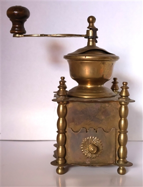 Unusual Brass Coffee Grinder Mill with Wood Lined Drawer - Embossed Flowers on 3 Sides and Drawer - Measures 9 1/2" Tall 5" by 5"