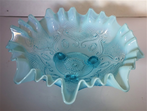 Blue Opalescent Footed Bowl - Ruffled Trim - Measures 3" Tall 9" Across