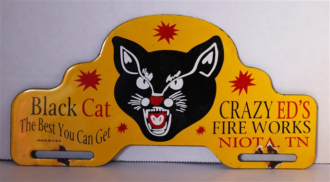 Black Cat - Crazy Eds Fire Works Niota, TN - Enamel Sign - "Black Cat The Best You Can Get" - Measures 5" Tall 10" Across - Some Minor Enamel Loss Near Where Sign Attaches To Display