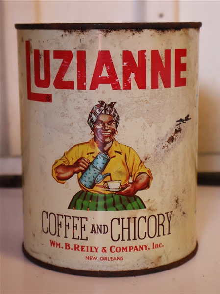 Luzianne Coffee and Chicory  - White Label Tin - Wm. B. Riely & Company, Inc. - New Orleans - Full Can - Measures 5 1/2" Tall 