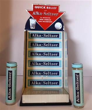 Metal Alka - Seltzer Counter Top Display Tape Dispenser - with 2 New Old Stock Tubes of Alka Seltzer - Display Measures 9 1/2 Tall 6 1/2 Across - Not Including Cardboard Top Piece Overall...