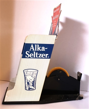 Metal Alka - Seltzer Counter Top Display Tape Dispenser - with 2 New Old Stock Tubes of Alka Seltzer - Display Measures 9 1/2 Tall 6 1/2 Across - Not Including Cardboard Top Piece Overall...