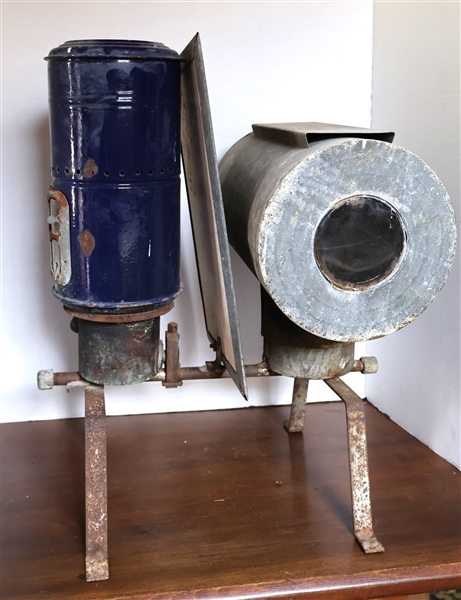 Unusual Enamel Burner with Attached Galvanized Tank and Board - See Photos - Measures 20" Overall Height - 13" by 12"