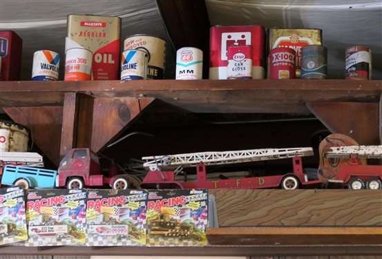 Toys will be sold on Saturday April 6th - Auction Begins at 10am. Photos are a sample of items to be sold. Die cast cars, pressed steel cars and trucks. Oil Cans