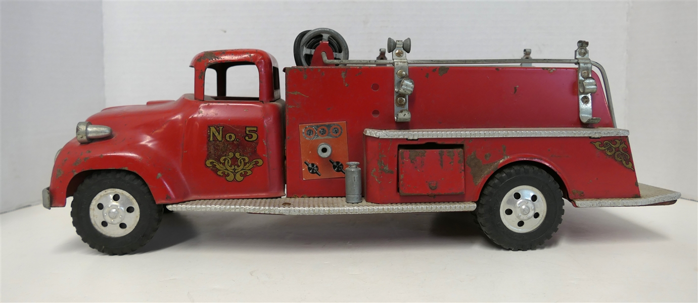 Tonka Toys No. 5 Pressed Steel Fire Truck with Rubber Hose - Played with Condition - Missing Bell - Truck Measures 5 1/2" Tall 17" Long