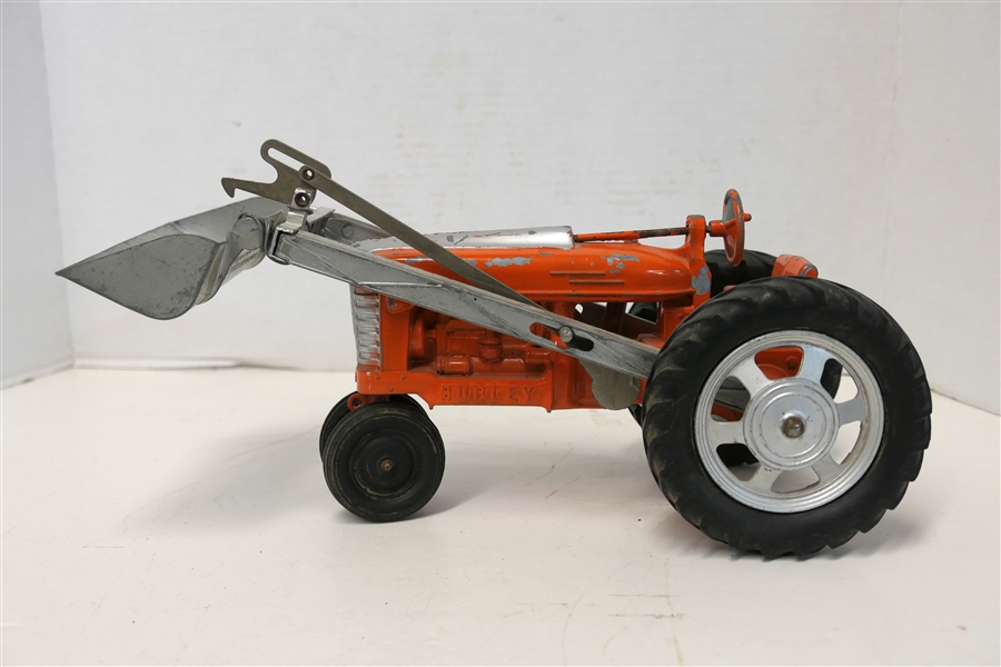 Orange Hubley Tractor - Hubley Riddle Co. No. 500 - Metal Tractor with Scoop - Measures 5" Tall 12 1/2" Long - Played With Condition