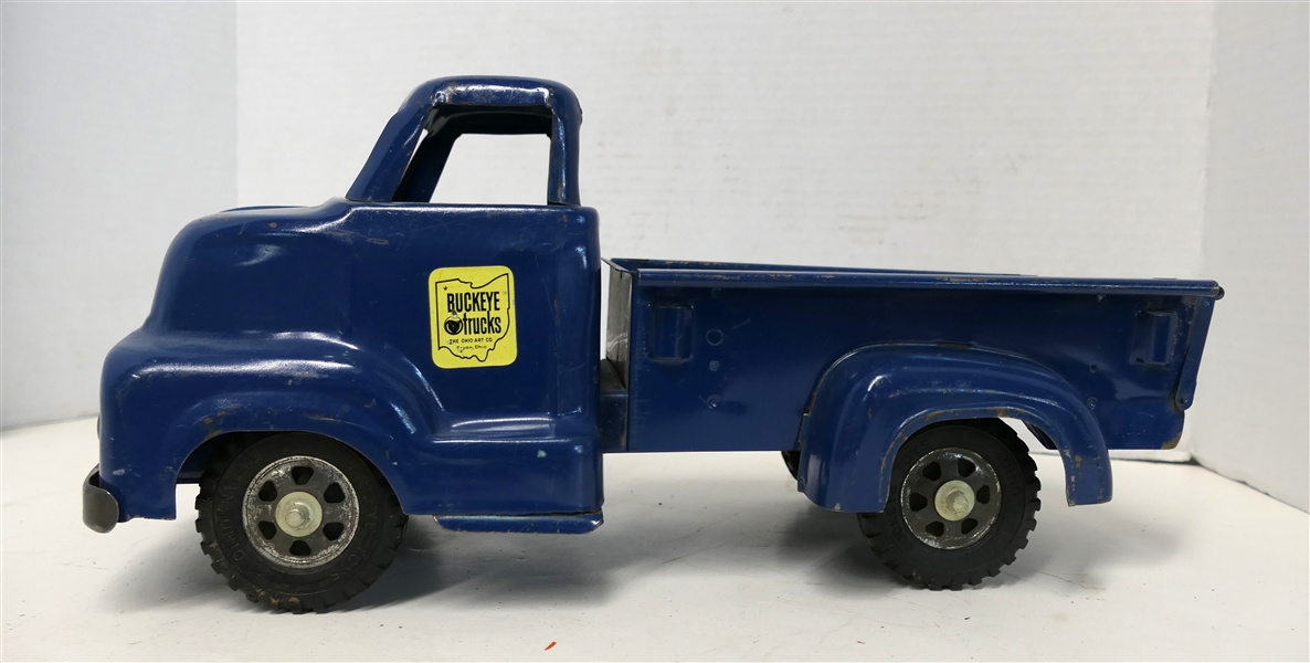 Buckeye Trucks - The Ohio Art Co. - Pressed Steel Blue Pickup Truck - Original Stickers on Both Doors - Measures 6 1/2" Tall 13" Long