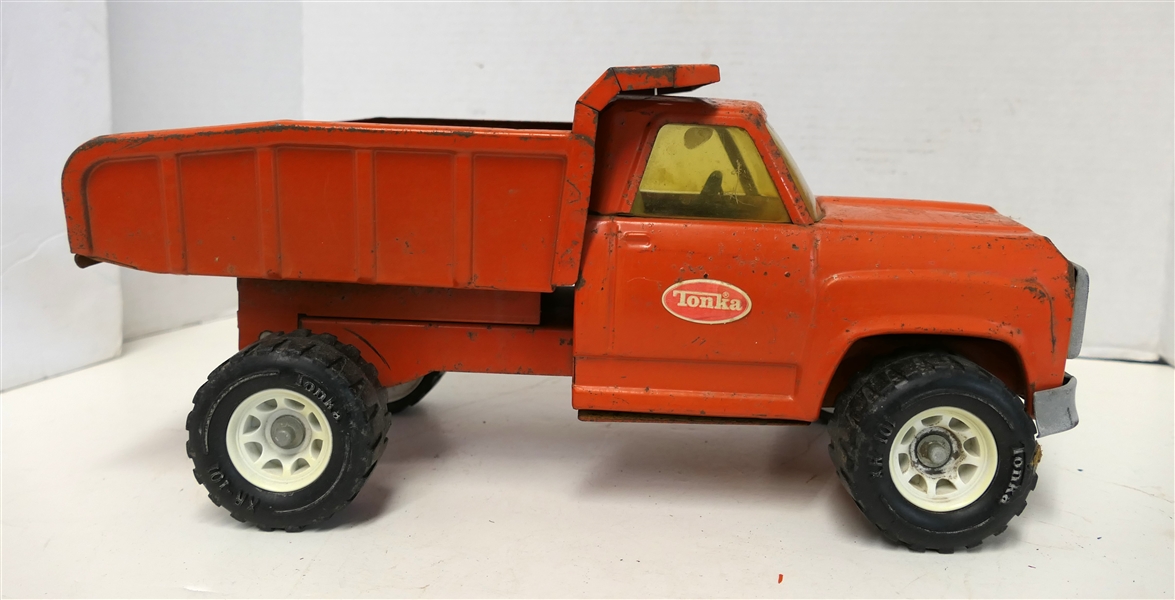 Tonka Orange Pressed Steel Dump Truck - Played with Condition - Measures 6 1/2" Tall 13 1/2" Long Tires Marked XR - 101