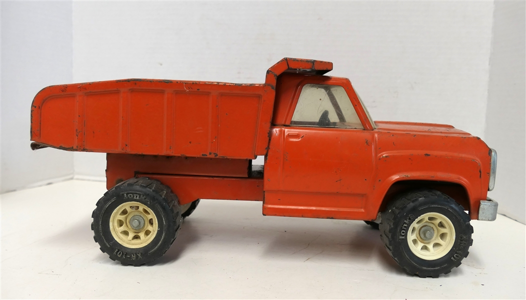 Tonka Orange Pressed Steel Dump Truck - Played with Condition - Measures 6 1/2" Tall 13 1/2" Long Tires Marked XR - 101