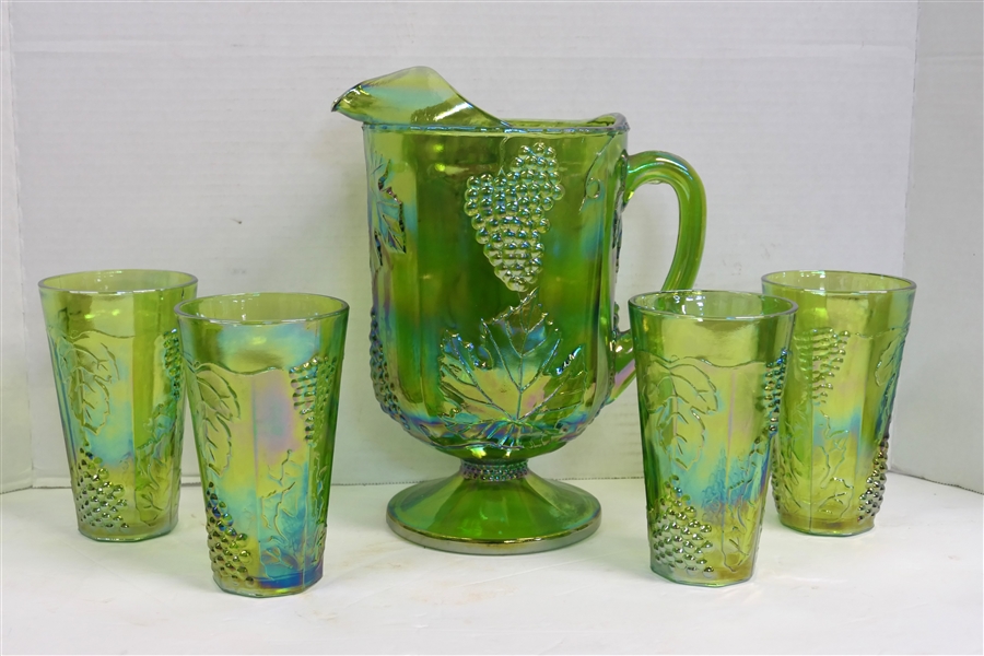 Indiana Glass Lime Green Carnival Harvest Grape Pitcher and 4 Cooler Glasses - Pitcher Measures 10 1/2" At Tallest - Glasses Measure 6" Tall 