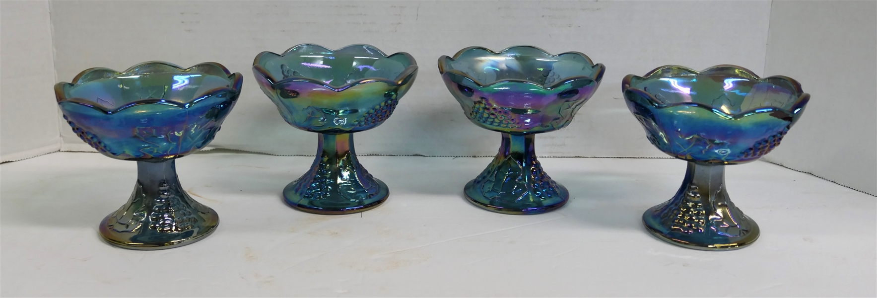 4 - Indiana Glass Blue Carnival Harvest Grape Pattern Candle Sticks Measuring 4" Tall 