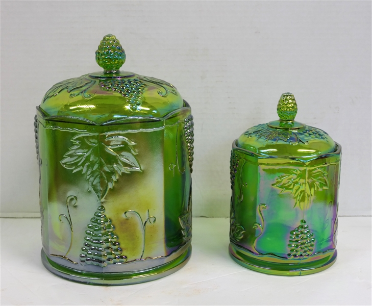 2 - Indiana Glass Lime Green Carnival Harvest Grape Canisters - Measuring 9 1/2" and 7 1/2" 