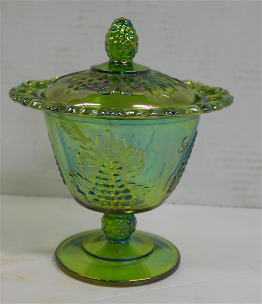 Indiana Glass Lime Green Carnival Harvest Footed Candy Dish with Lid - Measuring 6 1/2" Tall 