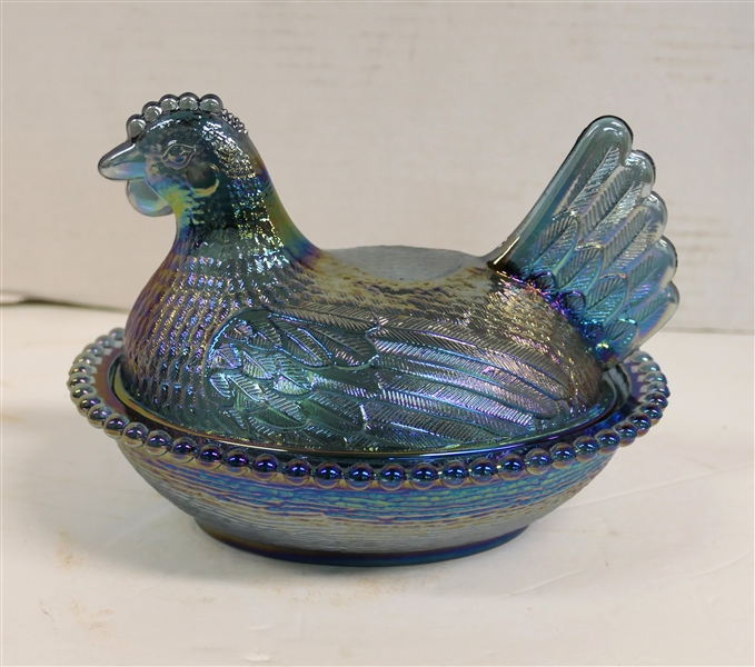 Blue Carnival Glass Hen on Nest - Measuring 5 1/2" Tall 7" Beak to Tail 