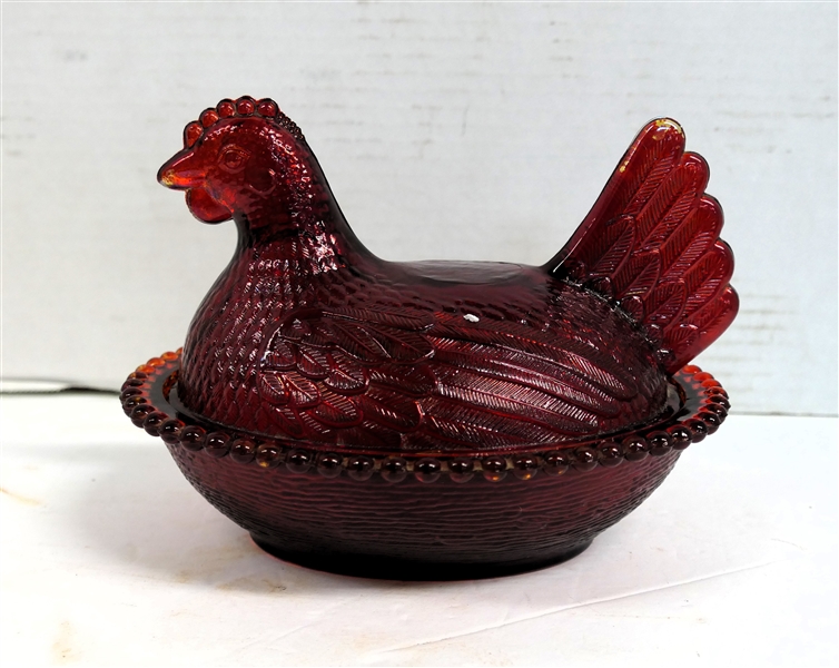 Ruby Red Glass Hen on Nest - Measuring 5 1/2" tall 7" Beak to Tail 