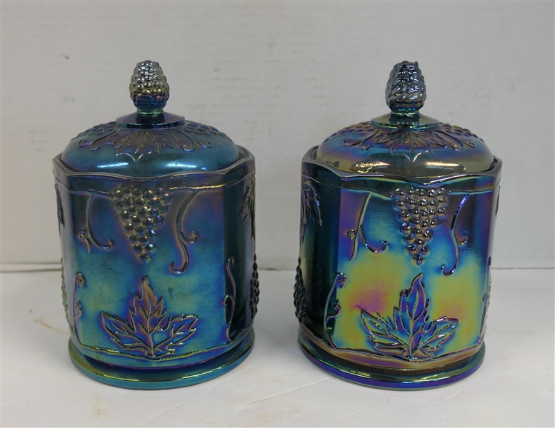 2 Indiana Glass Blue Carnival Harvest Canisters with Lids - Measuring 7 1/2" Tall 