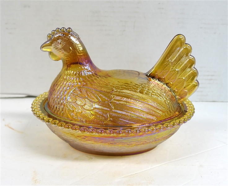 Amber Carnival Hen on Nest - Measuring 5 1/2" Tall 7" Beak to Tail 