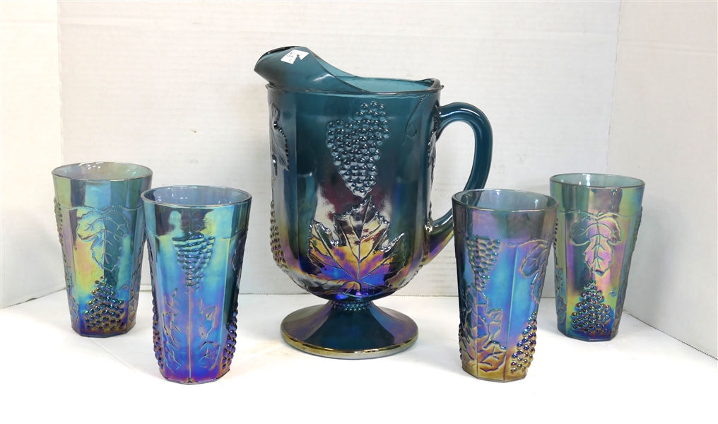 Indiana Glass Blue Carnival Harvest Pitcher and 4 Cooler Glasses Set - Pitcher Measures 10 1/2" Tall Glasses Measure 6" 