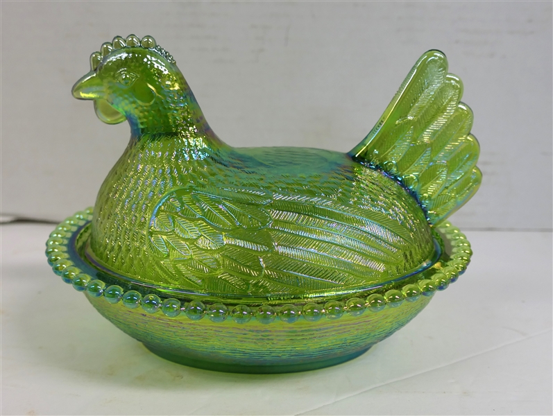 Lime Green Carnival Glass Hen on Nest - Measuring 5 1/2" Tall 7" Beak to Tail 