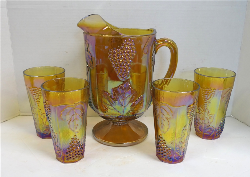 Indiana Glass Amber Carnival Harvest Pitcher and 4 Cooler Glasses - Pitcher Measures 10 1/2" Tall Glasses Measure 6" Tall 